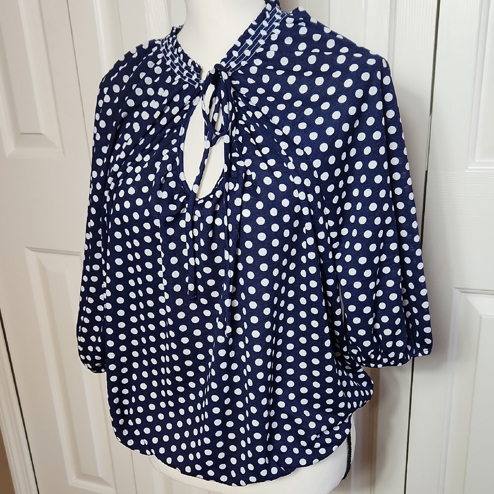 Cercule, Elegant Navy Polka Dot Blouse, Size Large